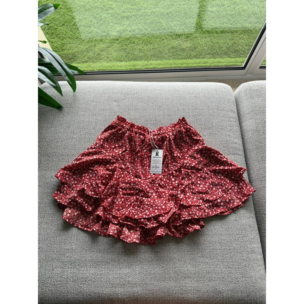 Jekaoyi Red Floral Ruffle Mini Skort Elastic Waist‎ Ditsy Print Small NWT